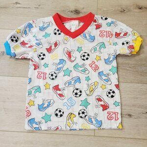 Vtg I C Usa Made Toddler sz 5 V Neck Short Sleeve Soccer Balls Shoes Print Shirt